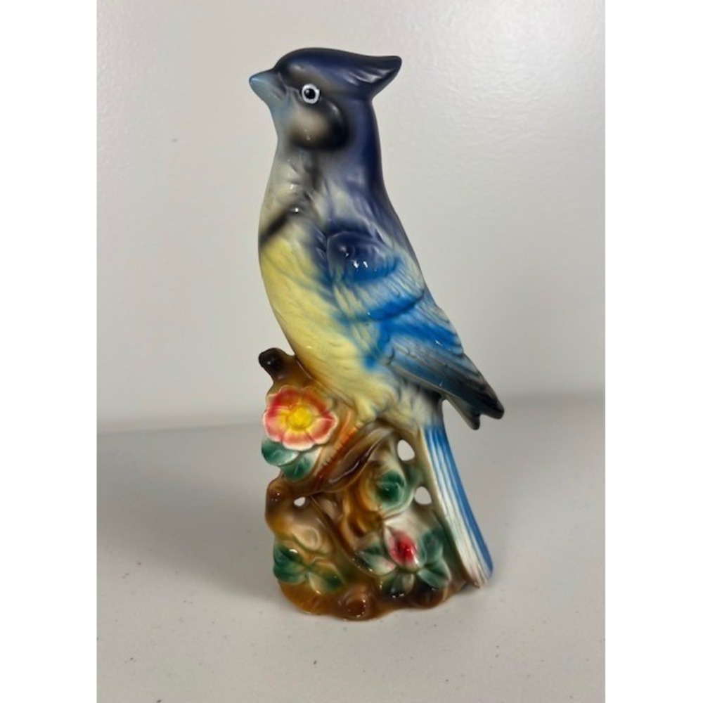Vintage Ceramic Blue Jay Bird Figurine Hand Painted Floral Branch 7.5 Inch